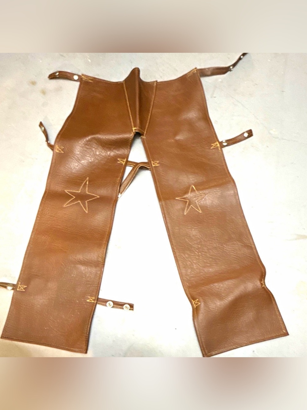 Vintage-1970 Kids Brown Leather-look Western Chaps with Star Stitching